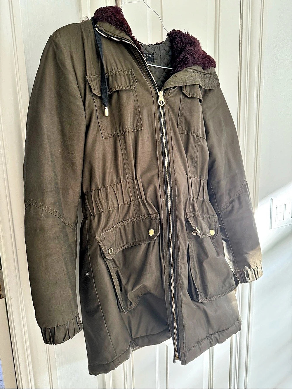 Laundry by Shelli Segal Faux Fur Hood Utility Puffer Green Small